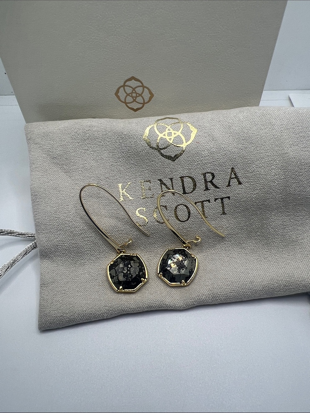 Kendra Scott Black and Gold marbled Drop Earrings - Picture 2 of 4